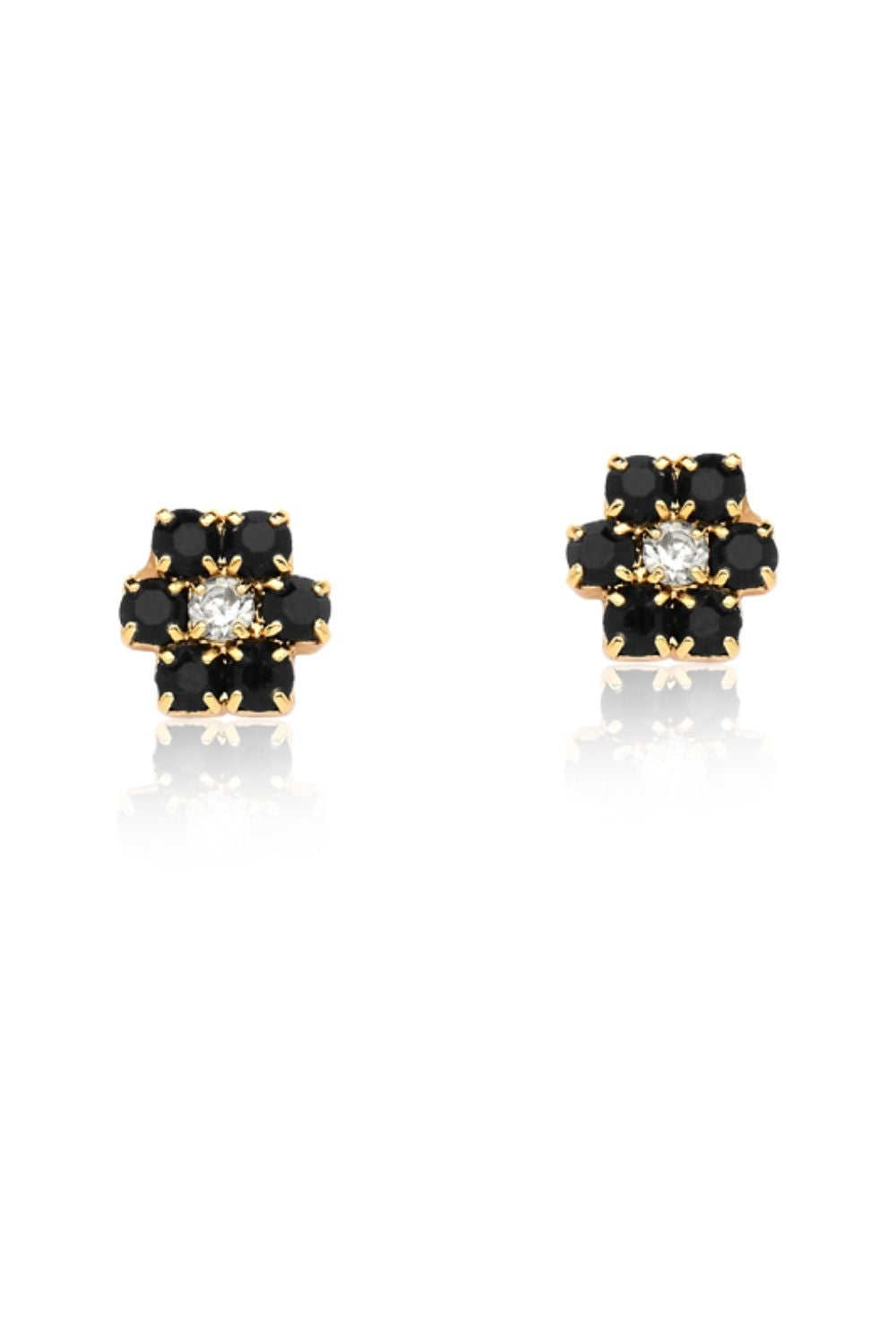 BRINCO MINI FLOR COM ZIRCÔNIAS PRETAS FOLHEADO A OURO 18K