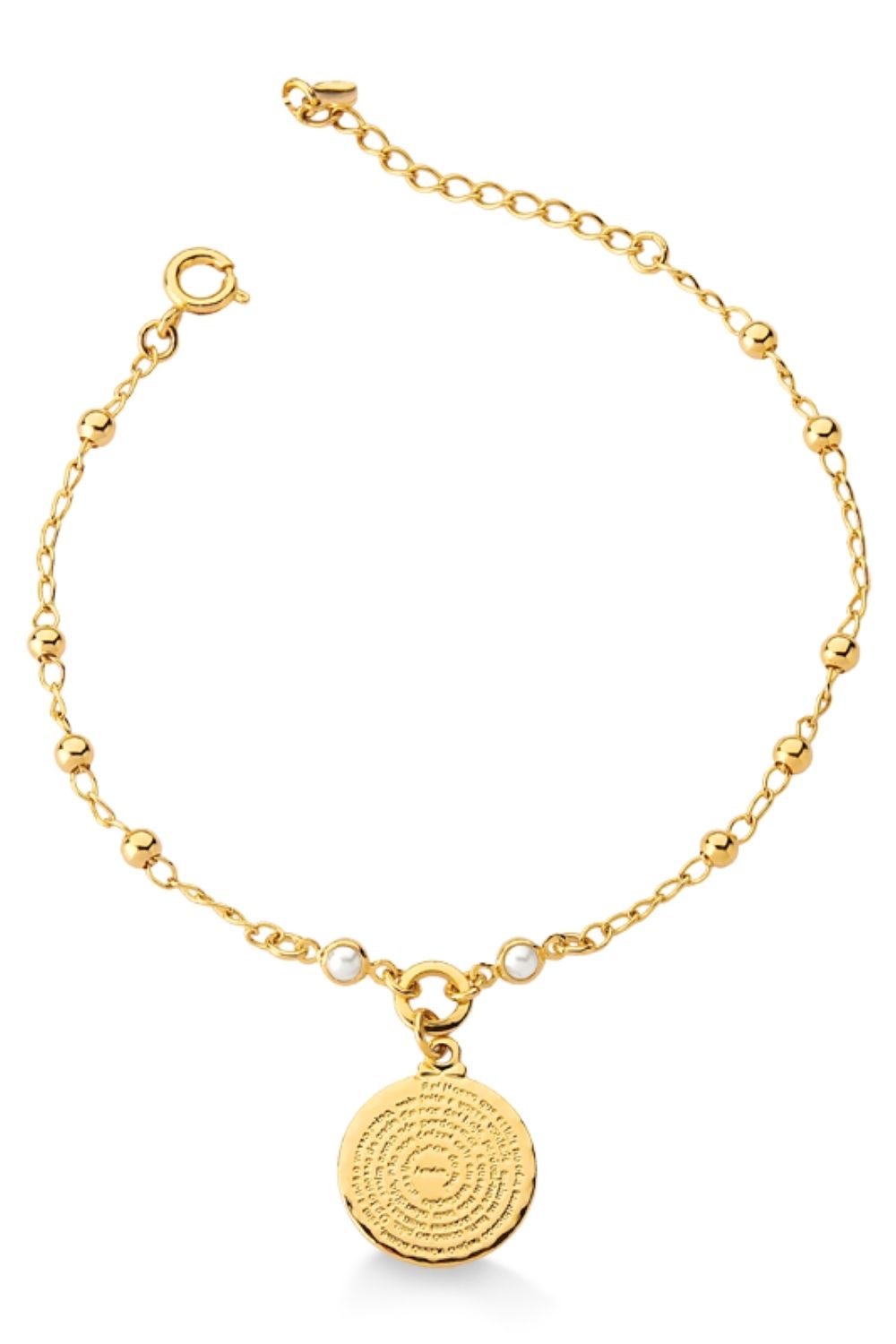 PULSEIRA COM PÉROLA E MEDALHA COM ORAÇÃO DO PAI NOSSO FOLHEADA A OURO 18K