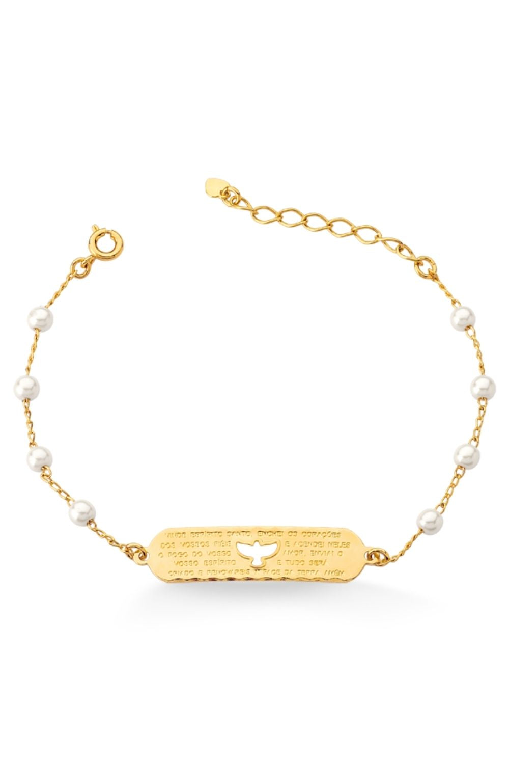PULSEIRA COM PÉROLA E PLACA COM ORAÇÃO DO ESPIRITO SANTO FOLHEADA A OURO 18K