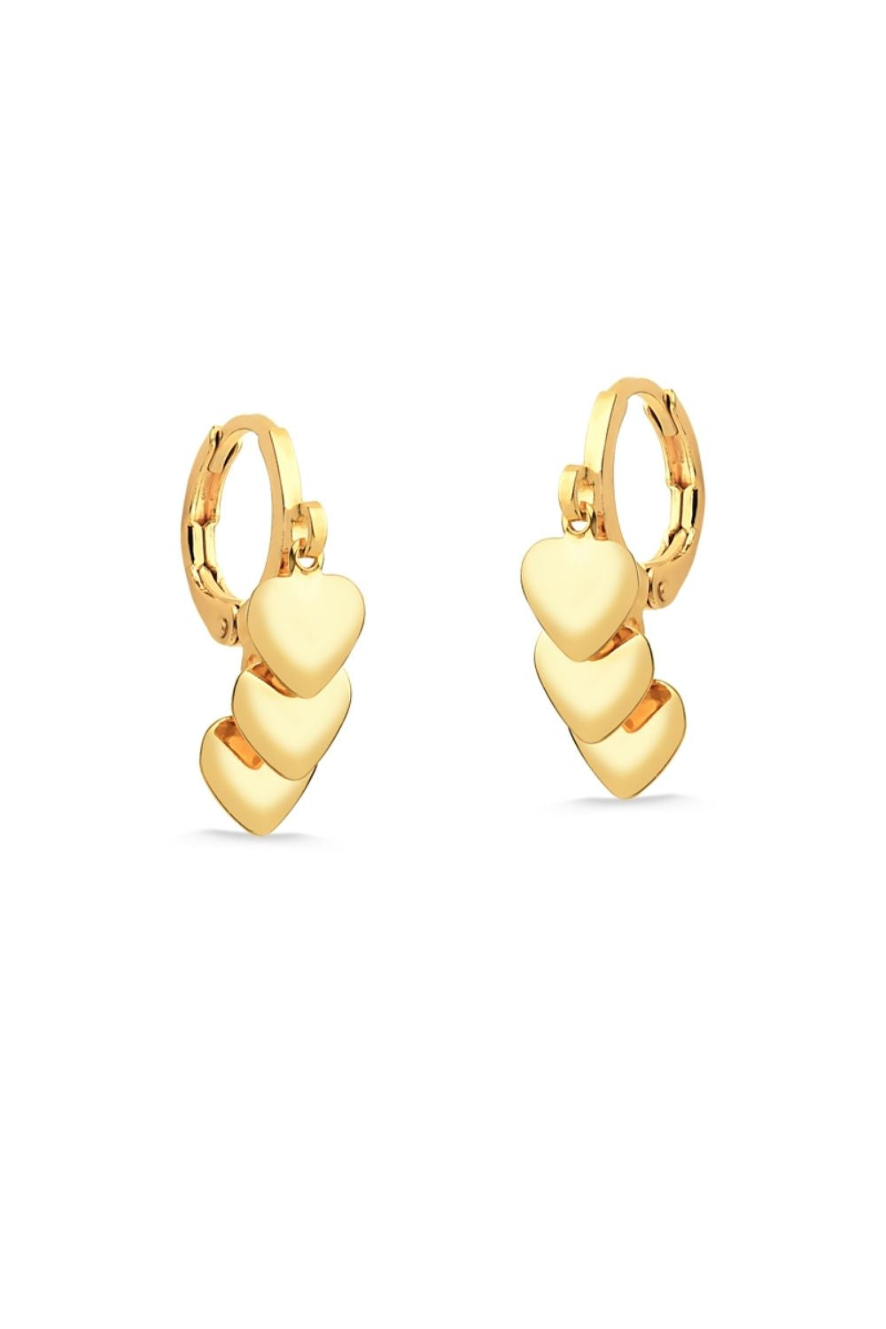 BRINCO DE ARGOLA COM TRÊS PINGENTES DE CORAÇÃO MÉDIO FOLHEADO A OURO 18K