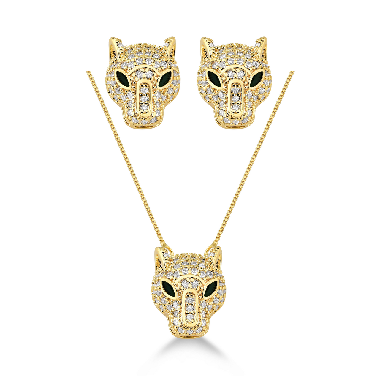 CONJUNTO PANTERA EM ZIRCONIA COM PEDRA PRETA FOLHEADO A OURO 18K