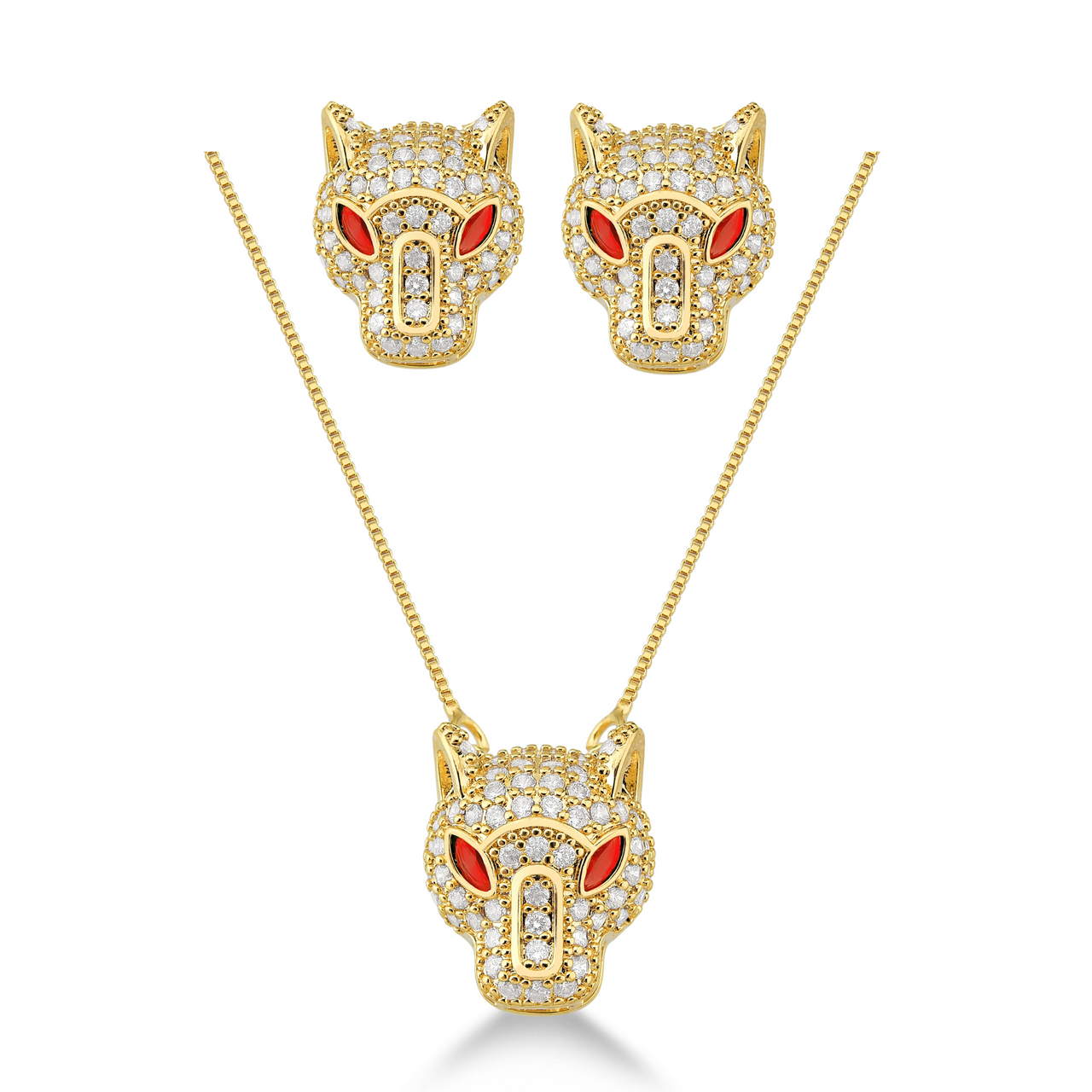 CONJUNTO PANTERA EM ZIRCONIA COM PEDRA VERMELHA FOLHEADO A OURO 18K