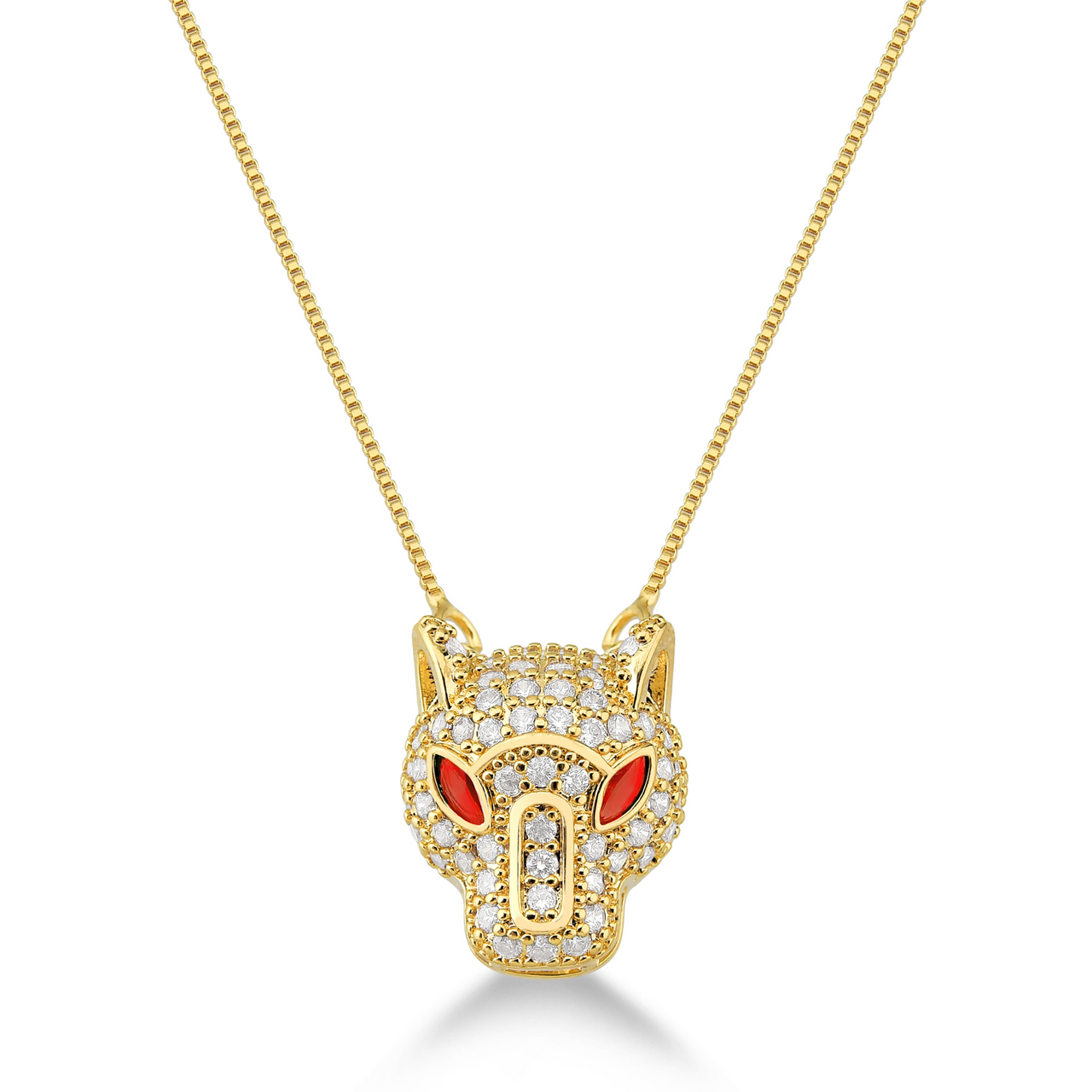 CONJUNTO PANTERA EM ZIRCONIA COM PEDRA VERMELHA FOLHEADO A OURO 18K