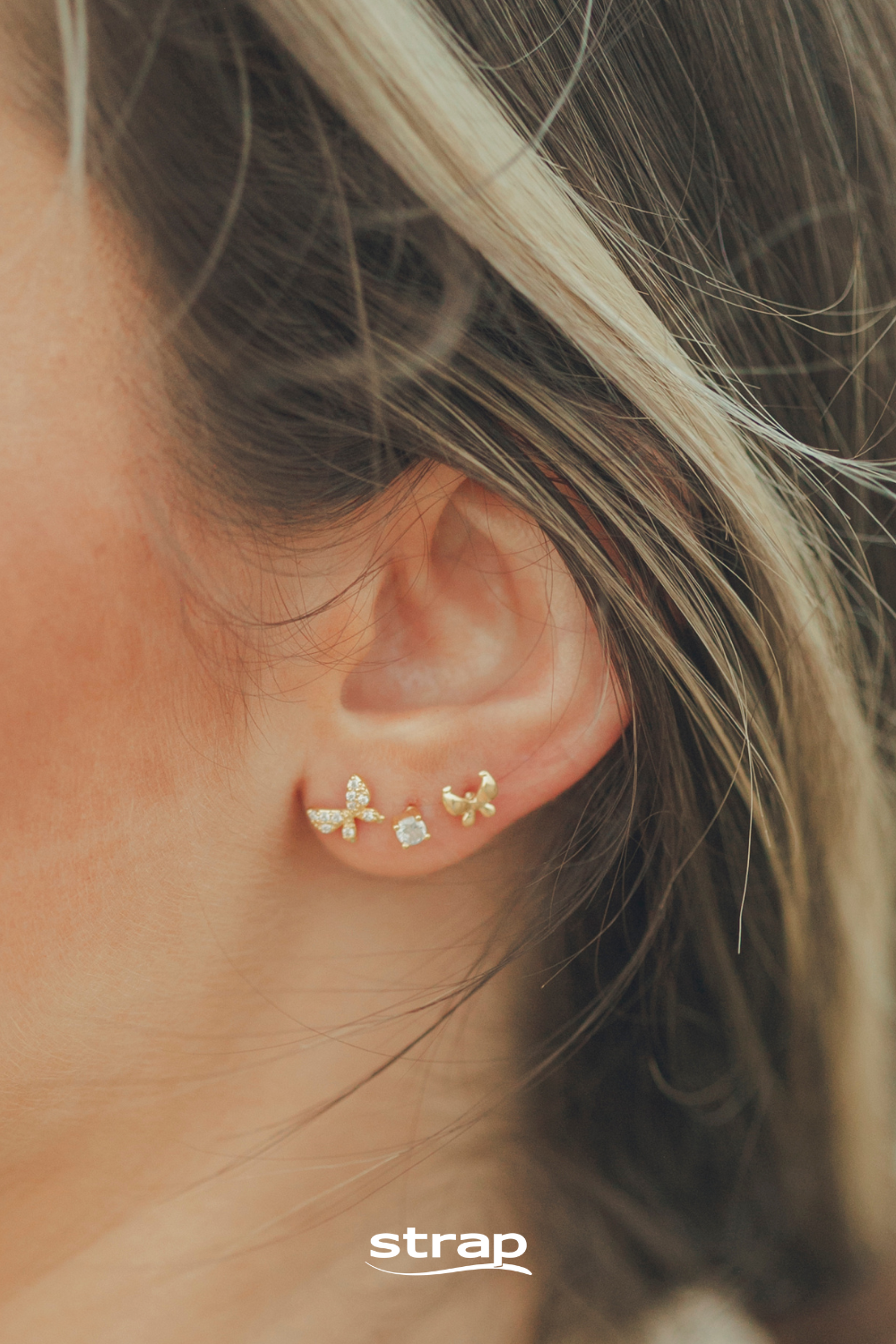 TRIO DE BRINCOS COM BORBOLETAS FOLHEADO A OURO 18K