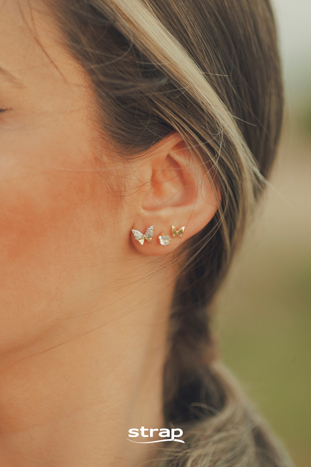TRIO DE BRINCOS DE BORBOLETAS E ZIRCONIA FOLHEADO A OURO 18K