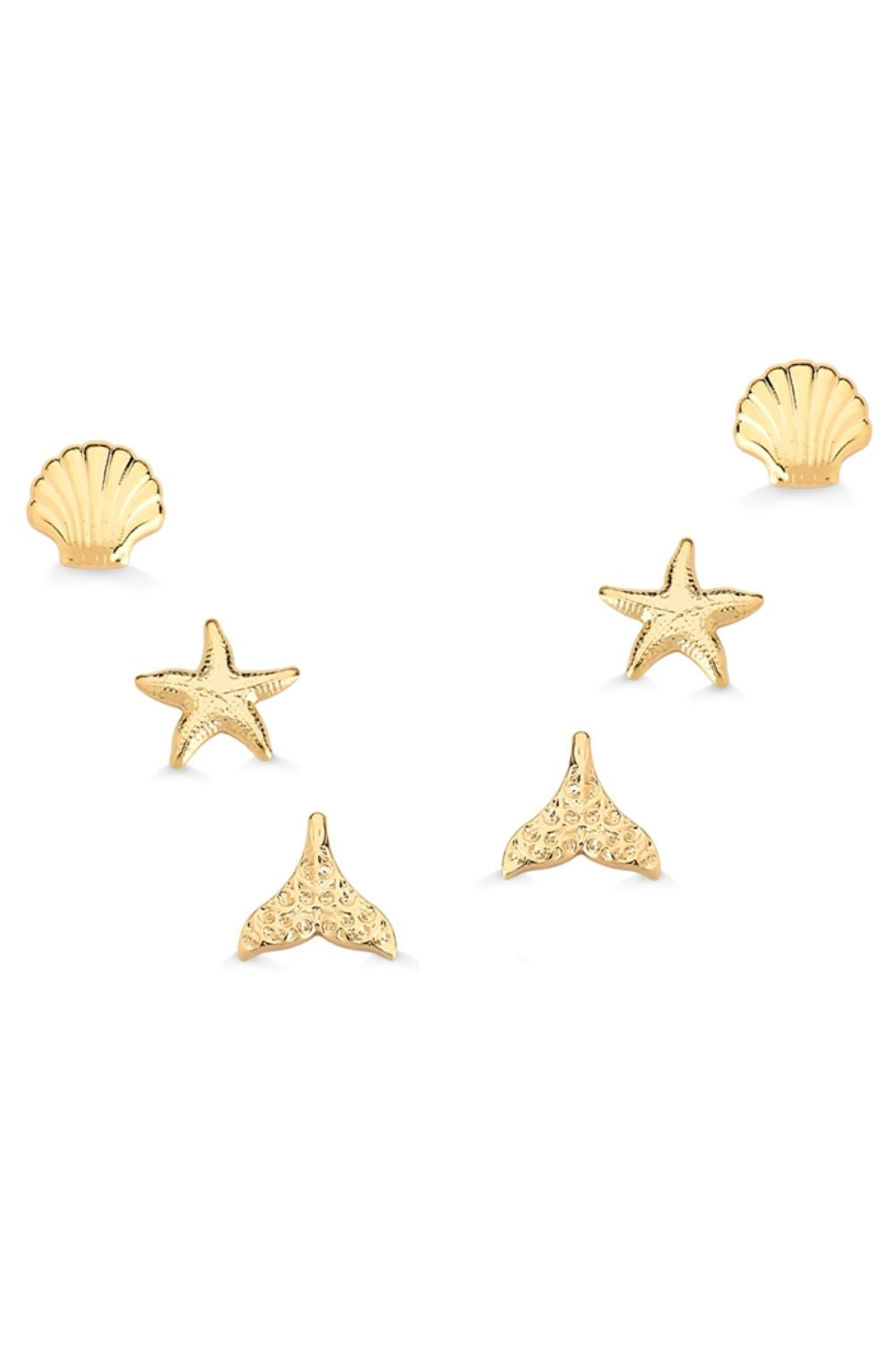 BRINCO MINI TRIO CONCHA ESTRELA DO MAR E RABO DE SEREIA FOLHEADO A OURO 18K