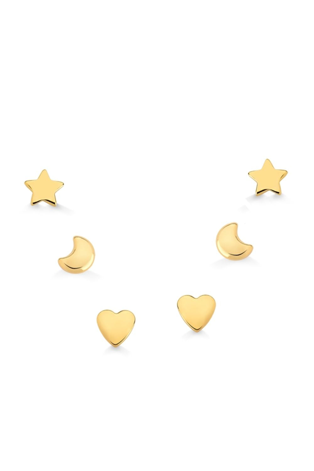 BRINCO MINI TRIO ESTRELA LUA E CORAÇÃO FOLHEADO A OURO 18K