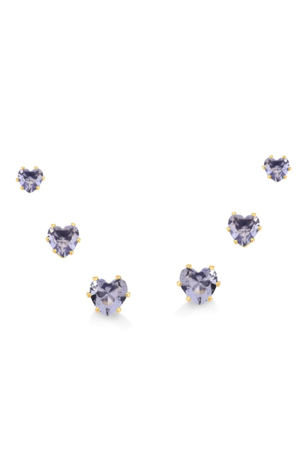 BRINCO TRIO DE CORAÇÕES EM ZIRCÔNIAS LILÁS FOLHEADO A OURO 18K