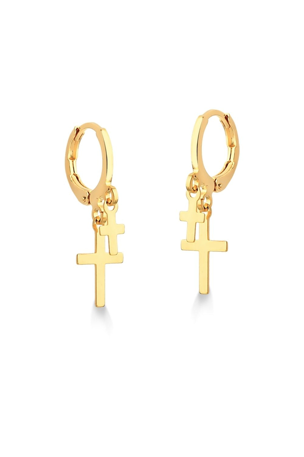 BRINCO DE ARGOLA FECHADA COM DOIS CRUCIFIXOS FOLHEADO A OURO 18K