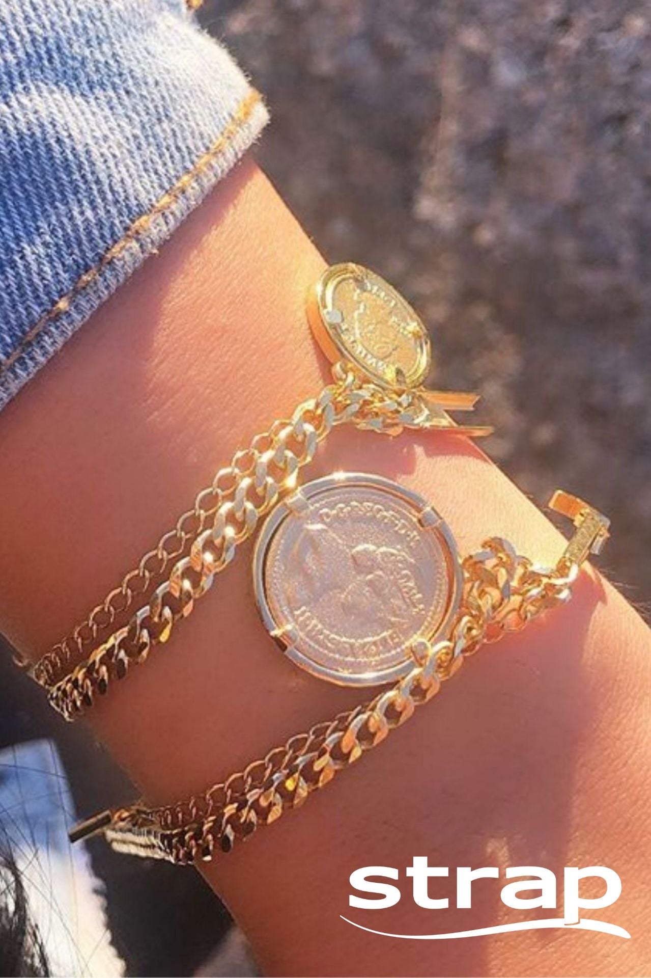 PULSEIRA ELO GROUMET COM PINGENTE DE MOEDA 1978 EUA QUARTER DOLLAR FOLHEADA A OURO 18K