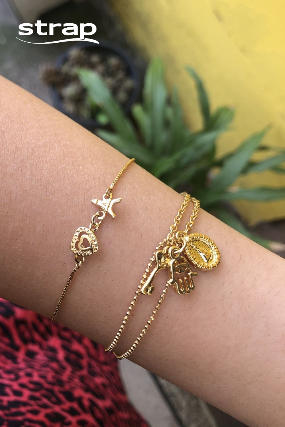 PULSEIRA DUPLA COM CHAVE HAMSÁ E N.SRA. APARECIDA FOLHEADA A OURO 18K