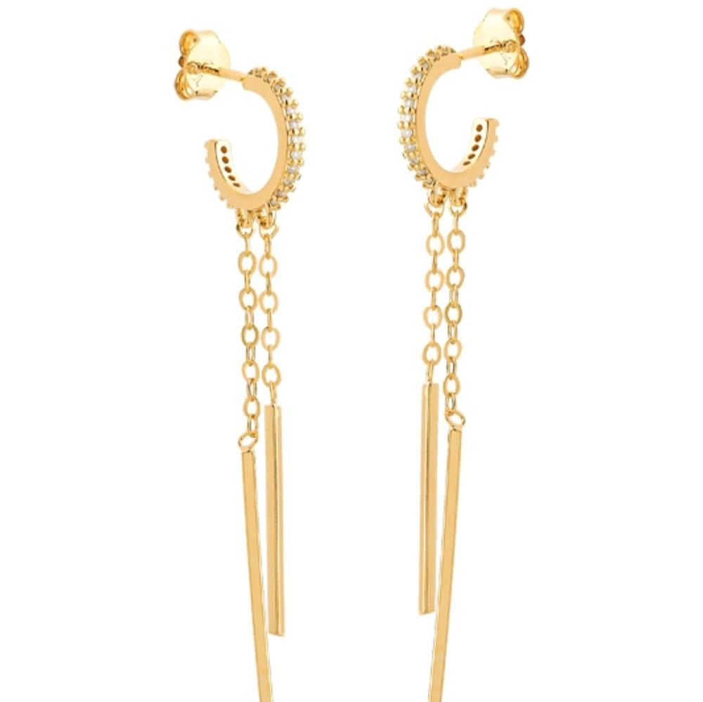 BRINCO DE ARGOLA CRAVEJADA DE ZIRCÔNIAS COM DOIS PÊNDULOS FOLHEADO A OURO 18K