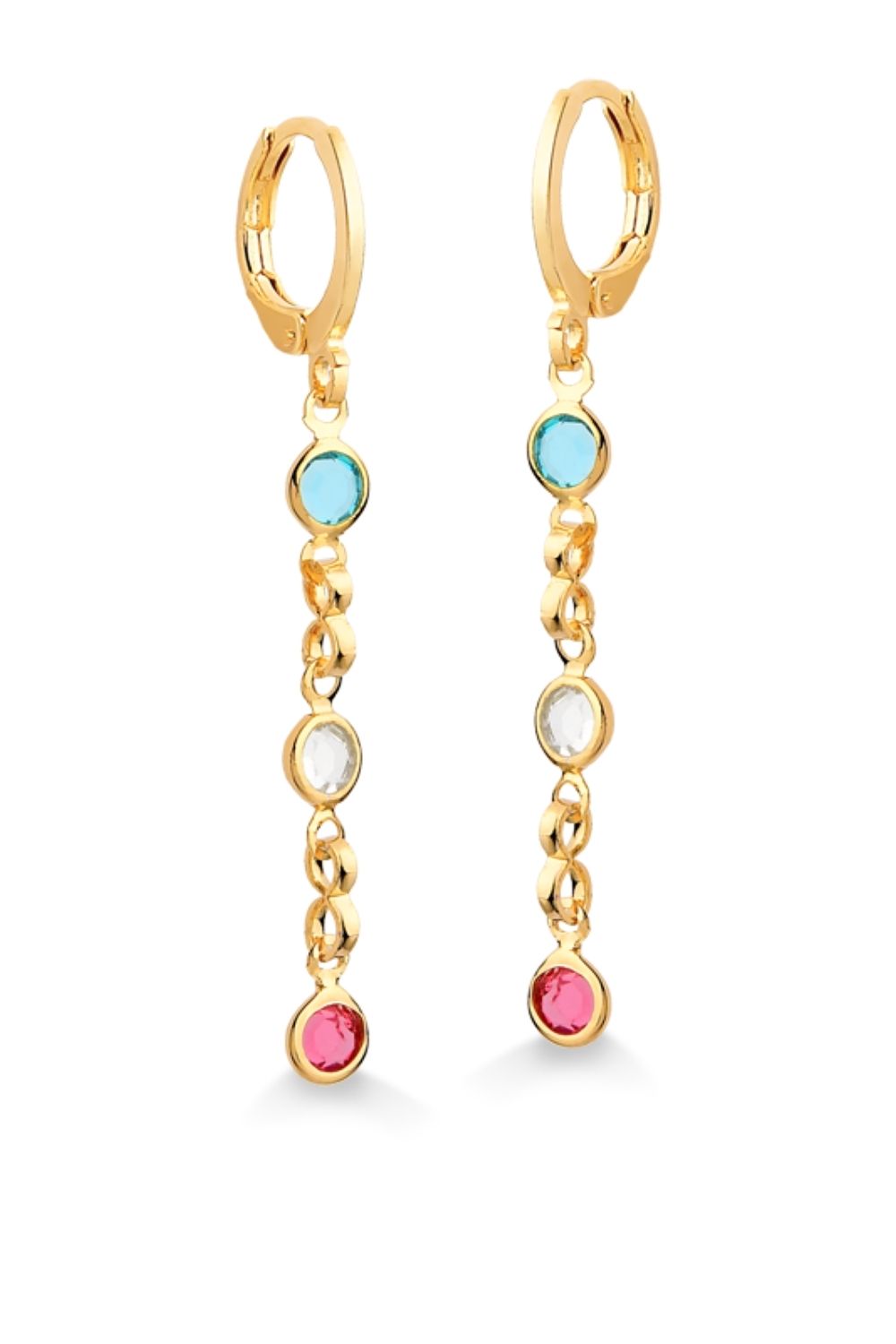 BRINCO DE ARGOLA FECHADA COM CORRENTE COM ZIRCÔNIAS COLORIDAS FOLHEADO A OURO 18K