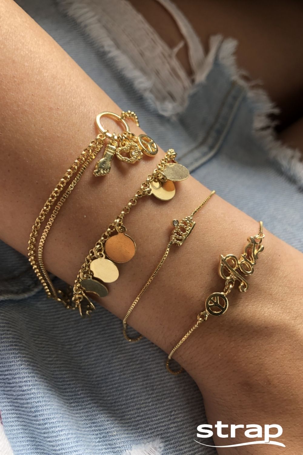 PULSEIRA COM FIGA CORAÇÃO ZIRCÔNIA E PAZ FOLHEADA A OURO 18K
