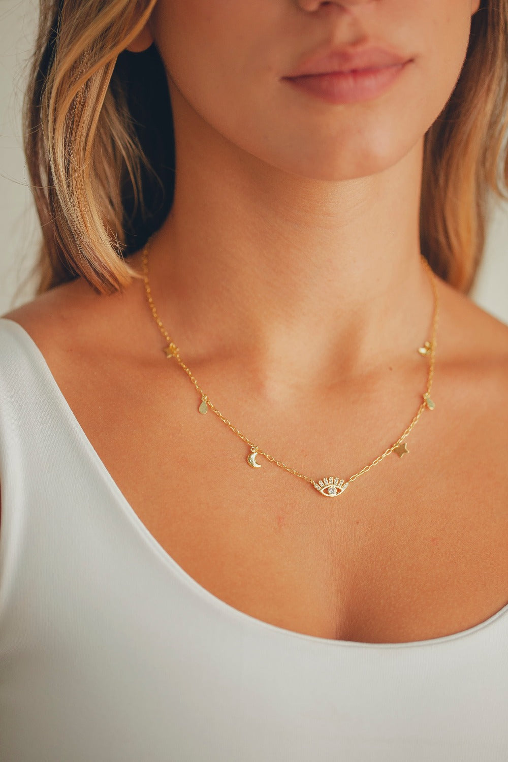 COLAR OLHO COM ZIRCONIA CRISTAL FOLHEADO A OURO 18K