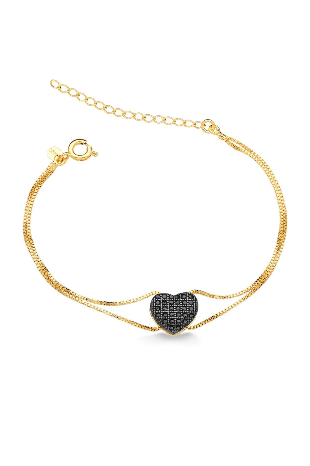 PULSEIRA DE CORAÇÃO CRAVEJADA DE ZIRCÔNIAS PRETAS FOLHEADA A OURO 18K