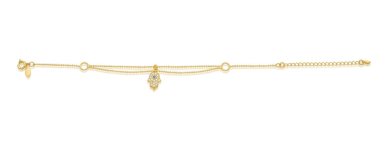 PULSEIRA COM PINGENTE MÃO DE HAMSÁ CRAVEJADA DE ZIRCÔNIAS FOLHEADA A OURO 18K