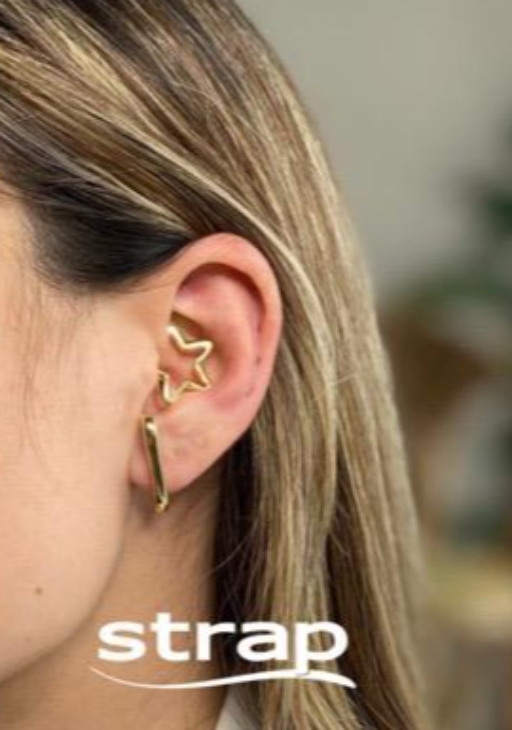 MIX DE BRINCO EAR HOOK E PIERCING DE ESTRELA FOLHEADO A OURO 18K