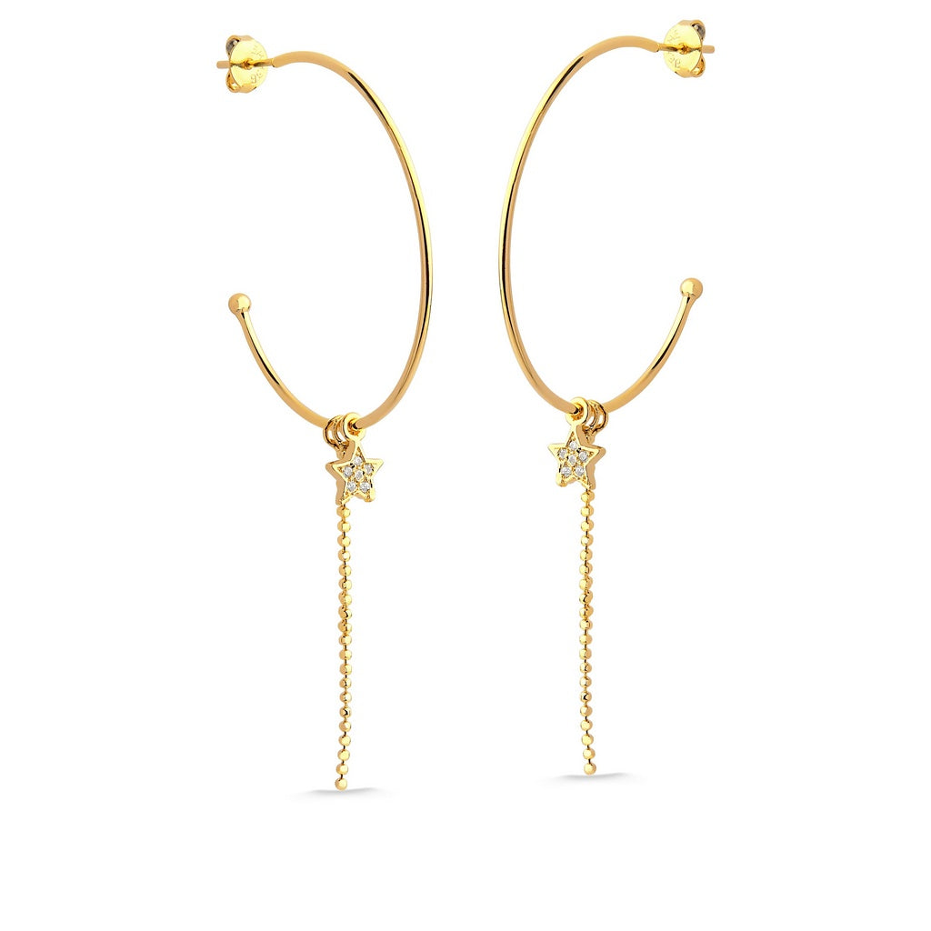 BRINCO ARGOLA GRANDE COM PINGENTE DE ESTRELA FOLHEADO A OURO 18K