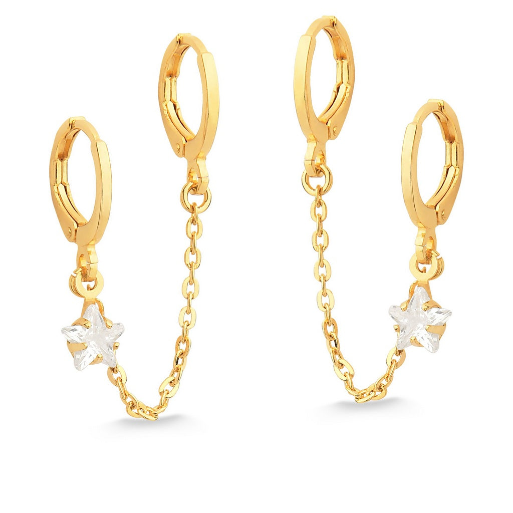 BRINCO DUPLO DE ARGOLA FECHADA COM PINGENTE DE ESTRELA DE ZIRCONIA FOLHEADO A OURO 18K