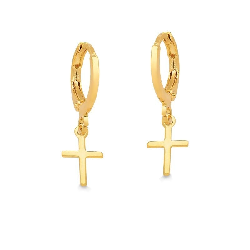BRINCO DE ARGOLA COM PINGENTE DE CRUZ PEQUENA FOLHEADO A OURO 18K