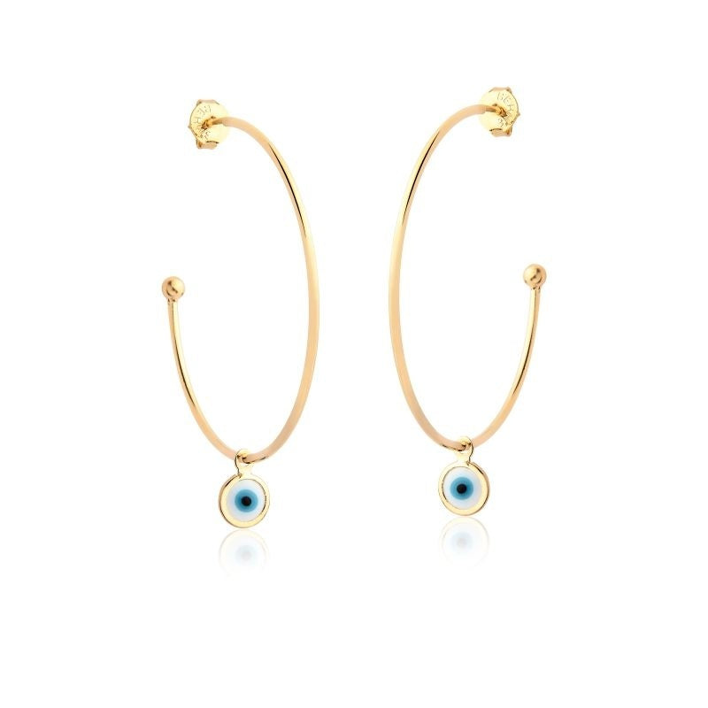 BRINCO DE ARGOLA MÉDIA COM PINGENTE DE OLHO GREGO FOLHEADO A OURO 18K