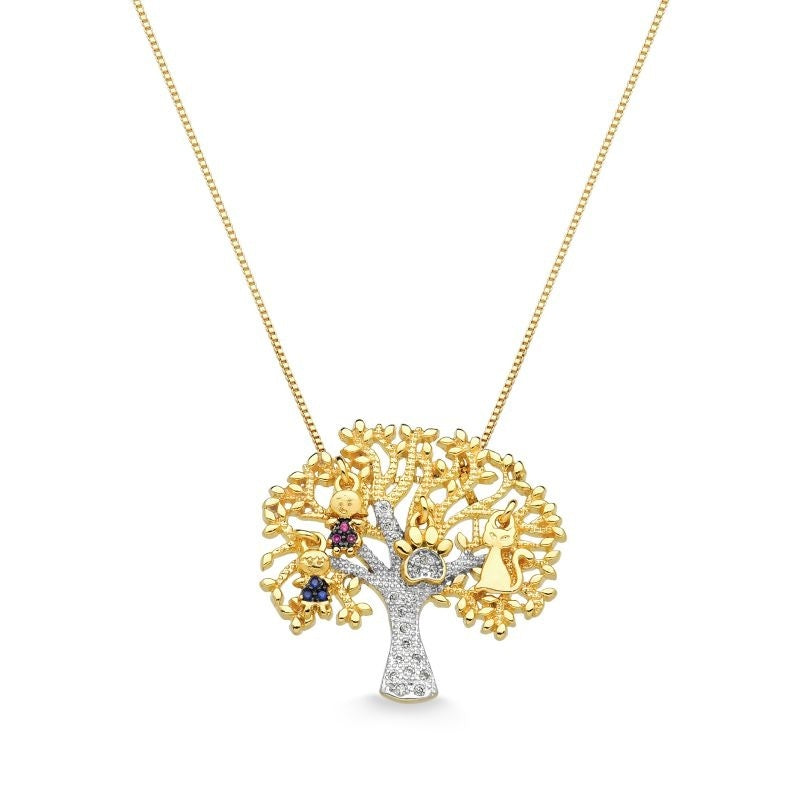 COLAR ÁRVORE DA VIDA PERSONALIZÁVEL COM 4 BERLOQUES FOLHEADO A OURO 18K