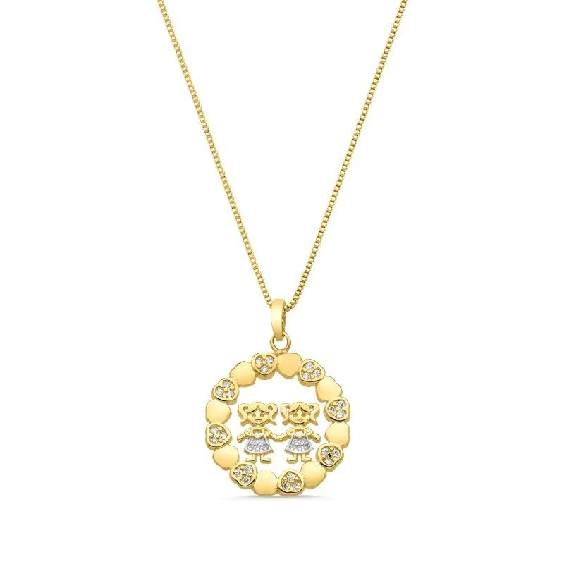 COLAR MANDALA DUAS MENINAS CRAVEJADAS DE ZIRCÔNIA FOLHEADO A OURO 18K