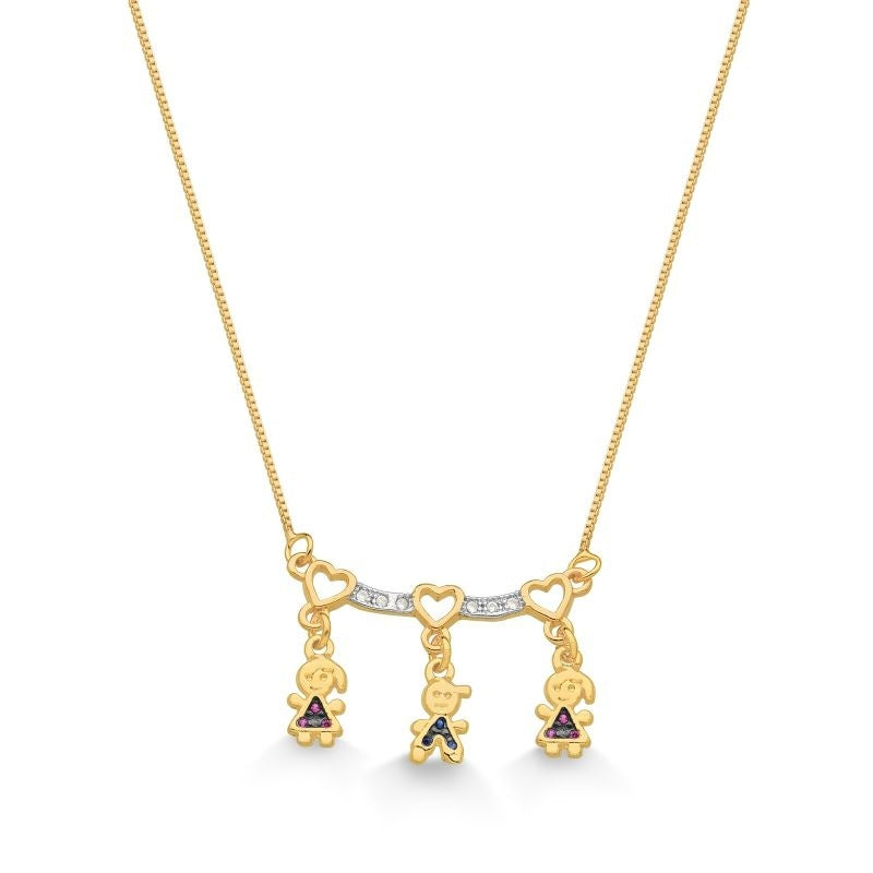 COLAR CANGA DUAS MENINAS E UM MENINO FOLHEADO A OURO 18K