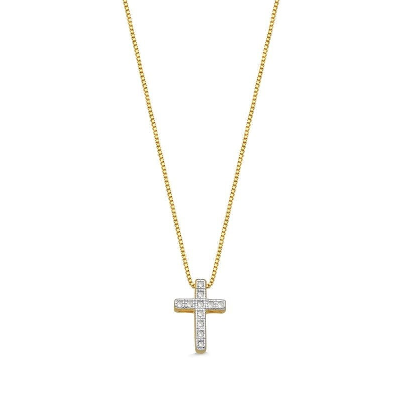 COLAR COM CRUCIFIXO PEQUENO COM GALERIA CRAVEJADA DE ZIRCÔNIAS FOLHEADO A OURO 18K
