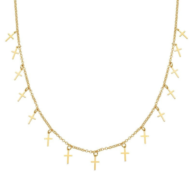 COLAR COM PINGENTES DE CRUCIFIXOS FOLHEADA A OURO 18K
