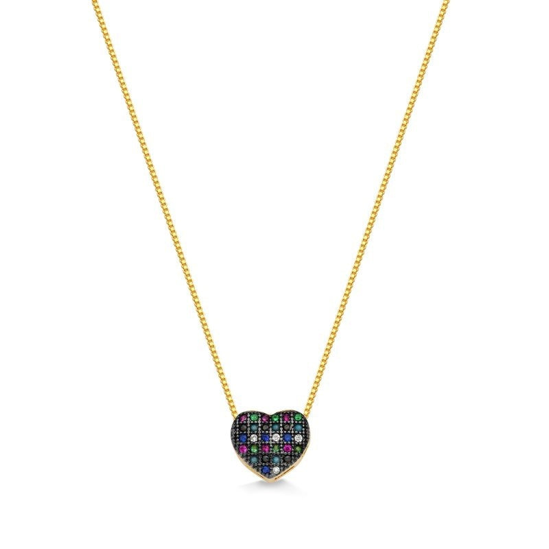 COLAR COM CORAÇÃO CRAVEJADO DE ZIRCÔNIAS COLORIDAS FOLHEADO A OURO 18K