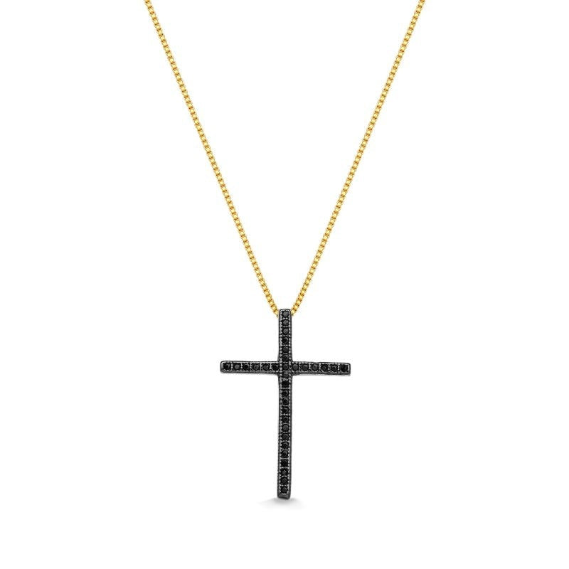 COLAR COM CRUCIFIXO MÉDIO CRAVEJADO DE ZIRCÔNIAS PRETAS FOLHEADO A OURO 18K