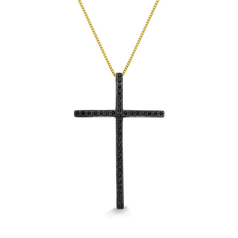 COLAR COM CRUCIFIXO GRANDE CRAVEJADO DE ZIRCÔNIAS PRETAS FOLHEADO A OURO 18K
