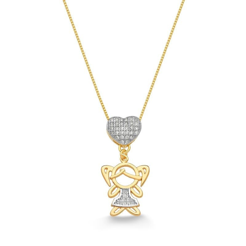 COLAR COM PINGENTE DE MENINA E CORAÇÃO CRAVEJADOS DE ZIRCÔNIAS FOLHEADO A OURO 18K