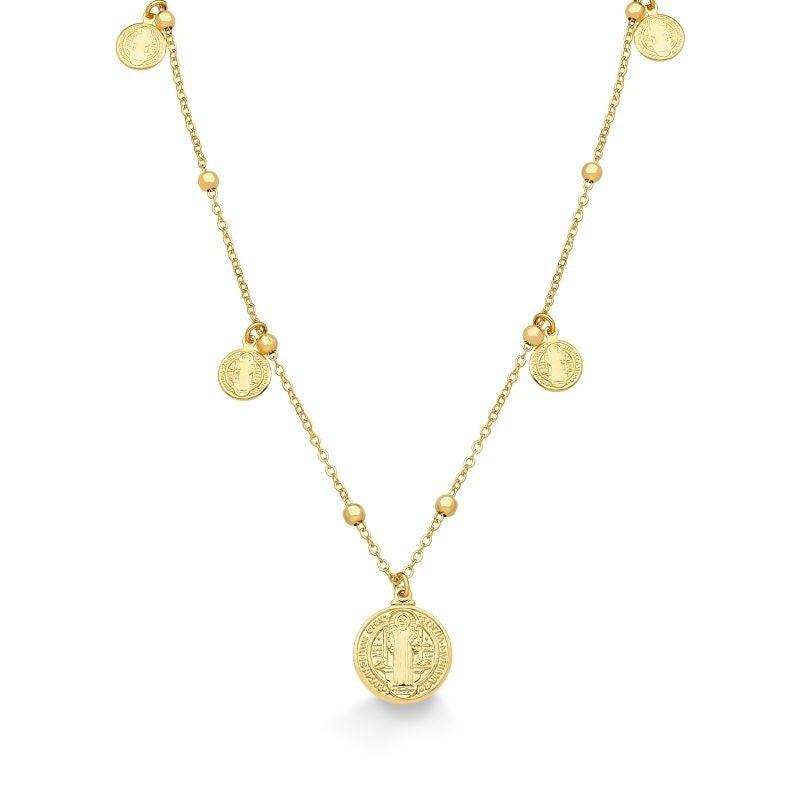 COLAR COM PINGENTES DE MEDALHAS DE SÃO BENTO FOLHEADO A OURO 18K