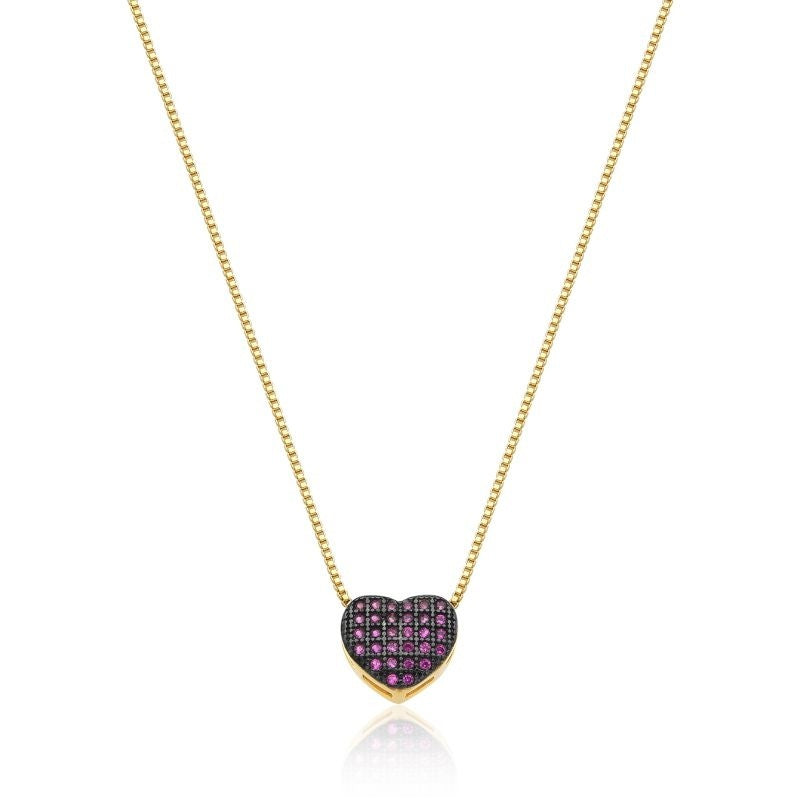 COLAR COM CORAÇÃO CRAVEJADO DE ZIRCÔNIAS ROSA FOLHEADO A OURO 18K