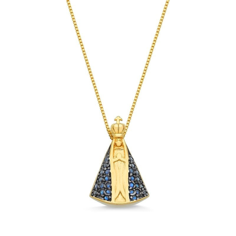 COLAR NOSSA SENHORA APARECIDA CRAVEJADA DE ZIRCÔNIA AZUL FOLHEADO A OURO 18K