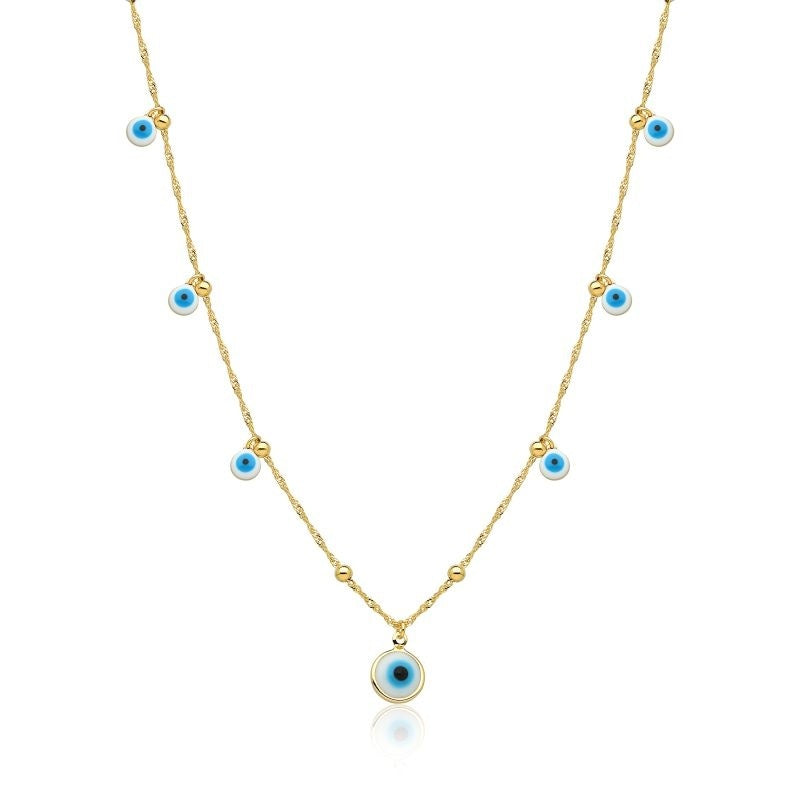 COLAR LONGO COM PINGENTES DE OLHO GREGO FOLHEADO A OURO 18K