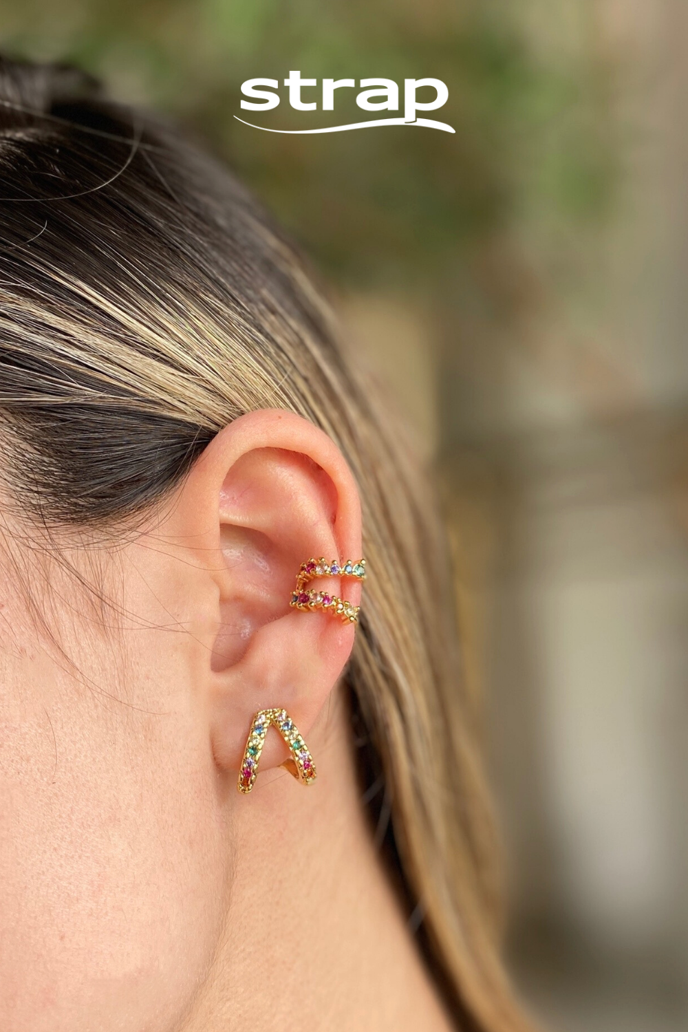 BRINCO DUAS FILEIRAS DE ZIRCONIAS COLORIDAS FOLHEADO A OURO 18K