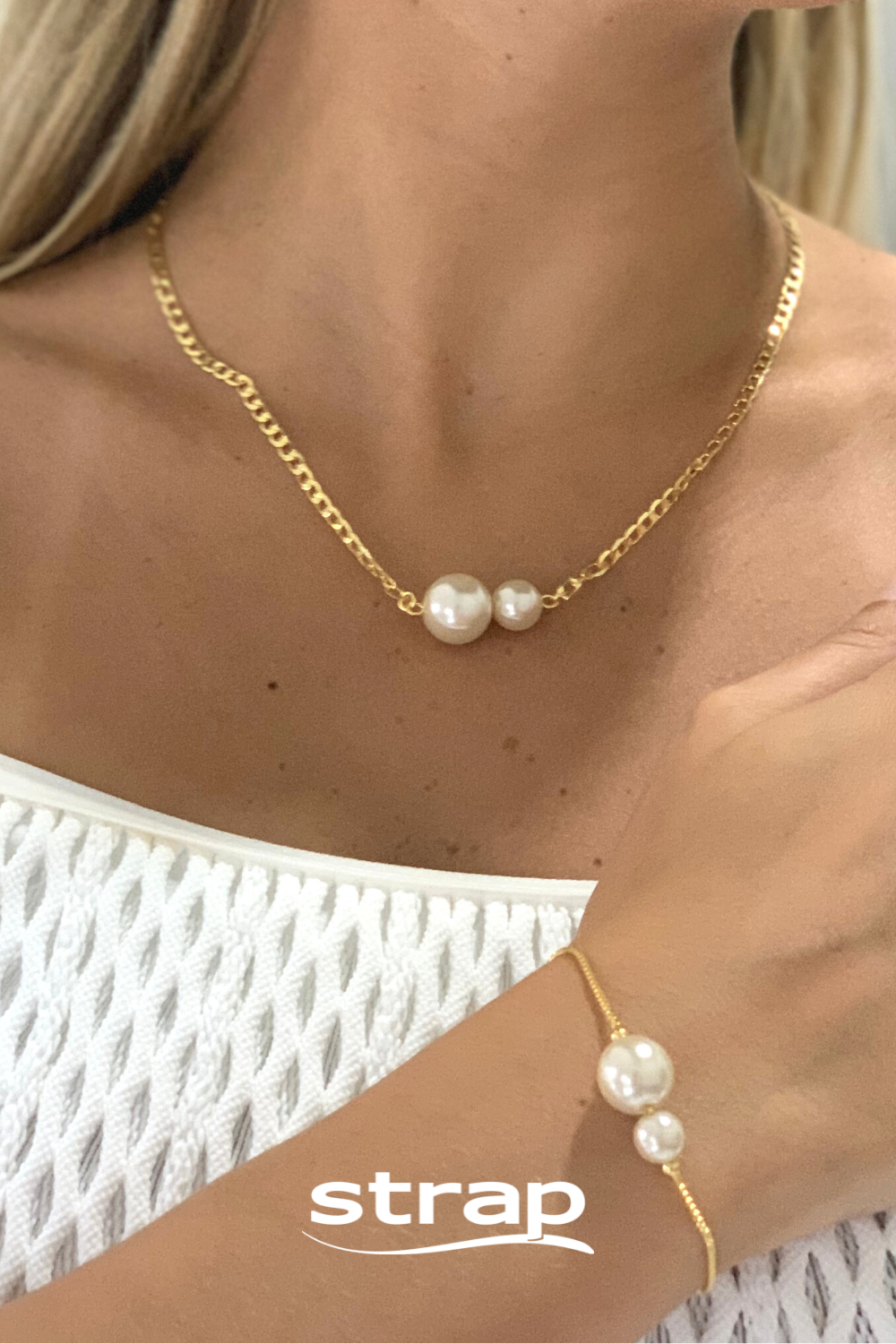 PULSEIRA COM DUAS PEROLAS AJUSTAVEL FOLHEADO A OURO 18K