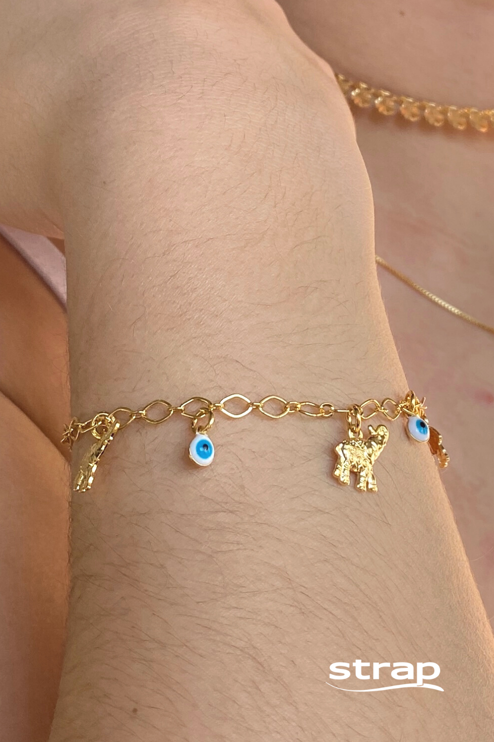 PULSEIRA ELEFANTE E OLHO GREGO FOLHEADA A OURO 18K