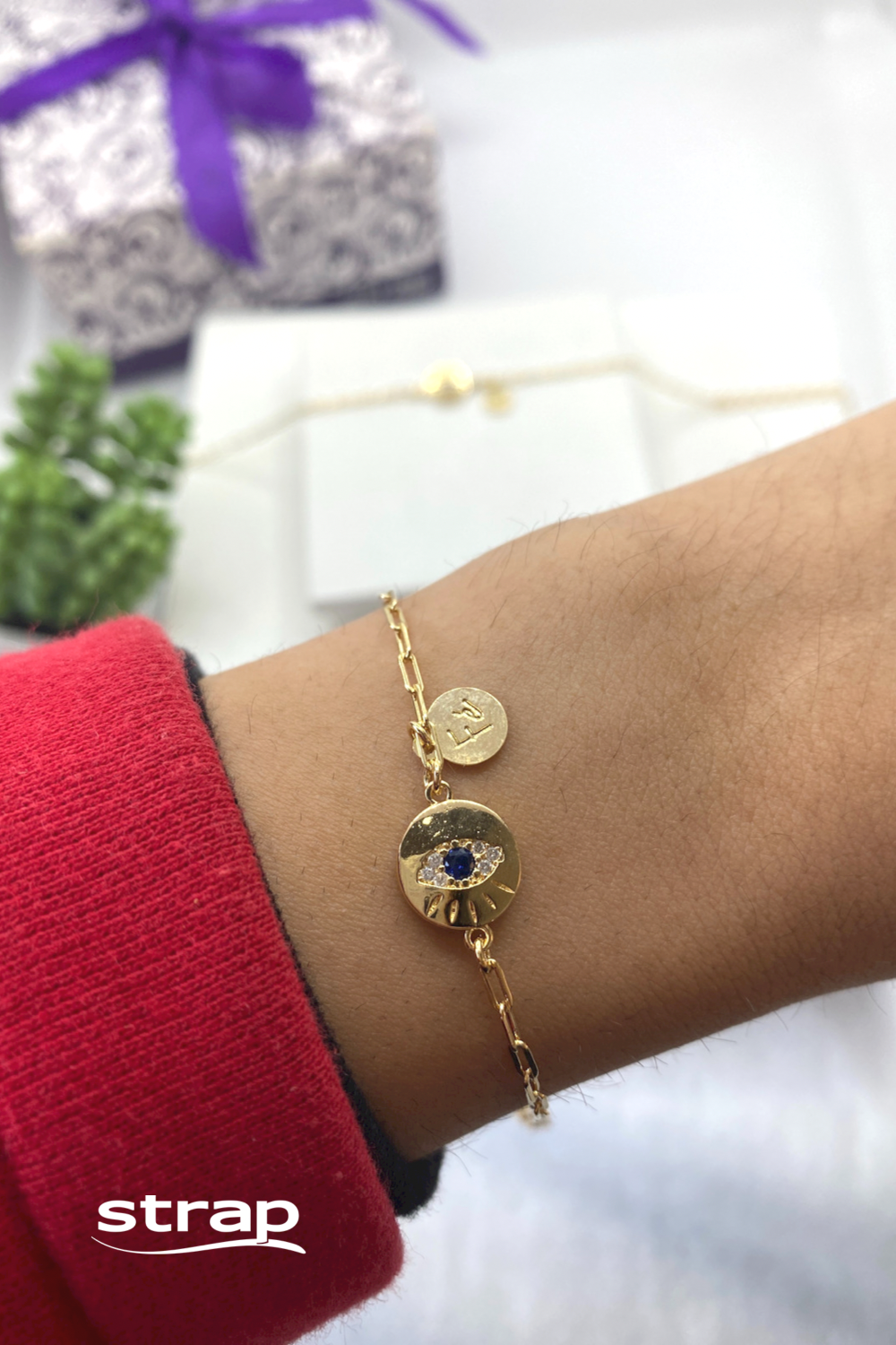 PULSEIRA OLHO GREGO CRAVEJADA DE ZIRCÔNIAS FOLHEADA A OURO 18K