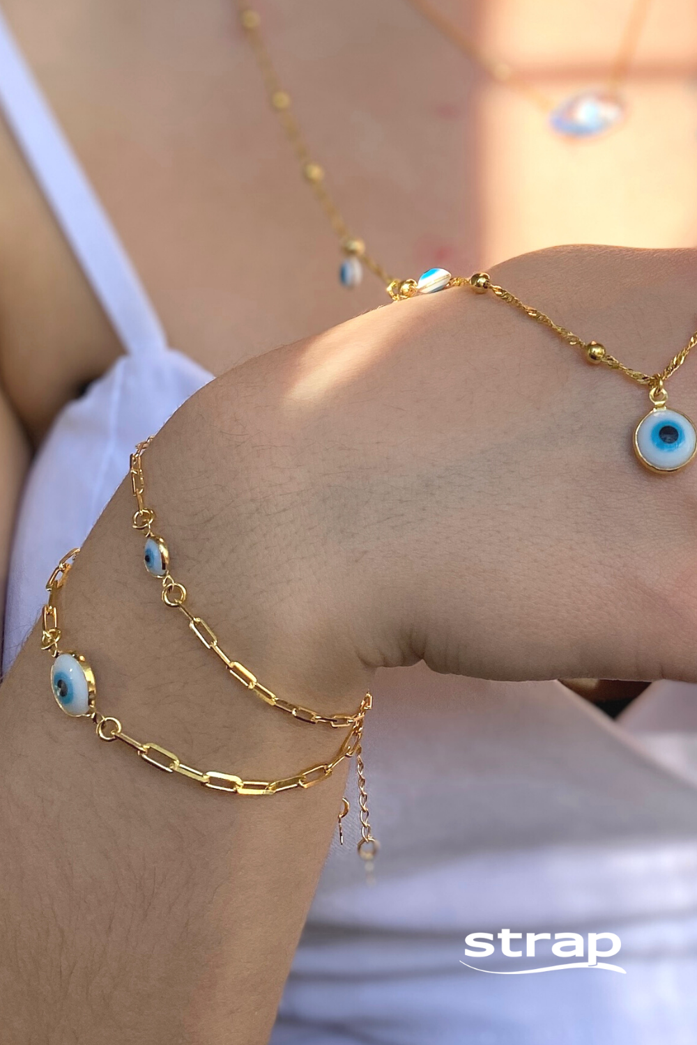 PULSEIRA OLHO GREGO GRANDE FOLHEADA A OURO 18K