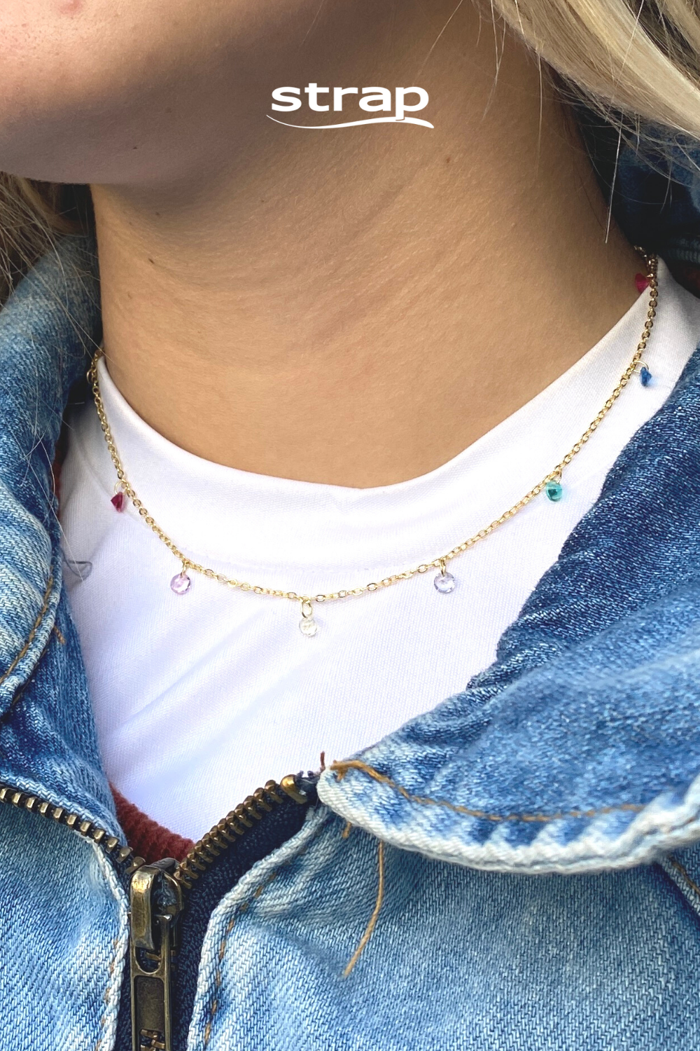 CHOKER COM CRISTAIS COLORIDOS FOLHEADO A OURO 18K