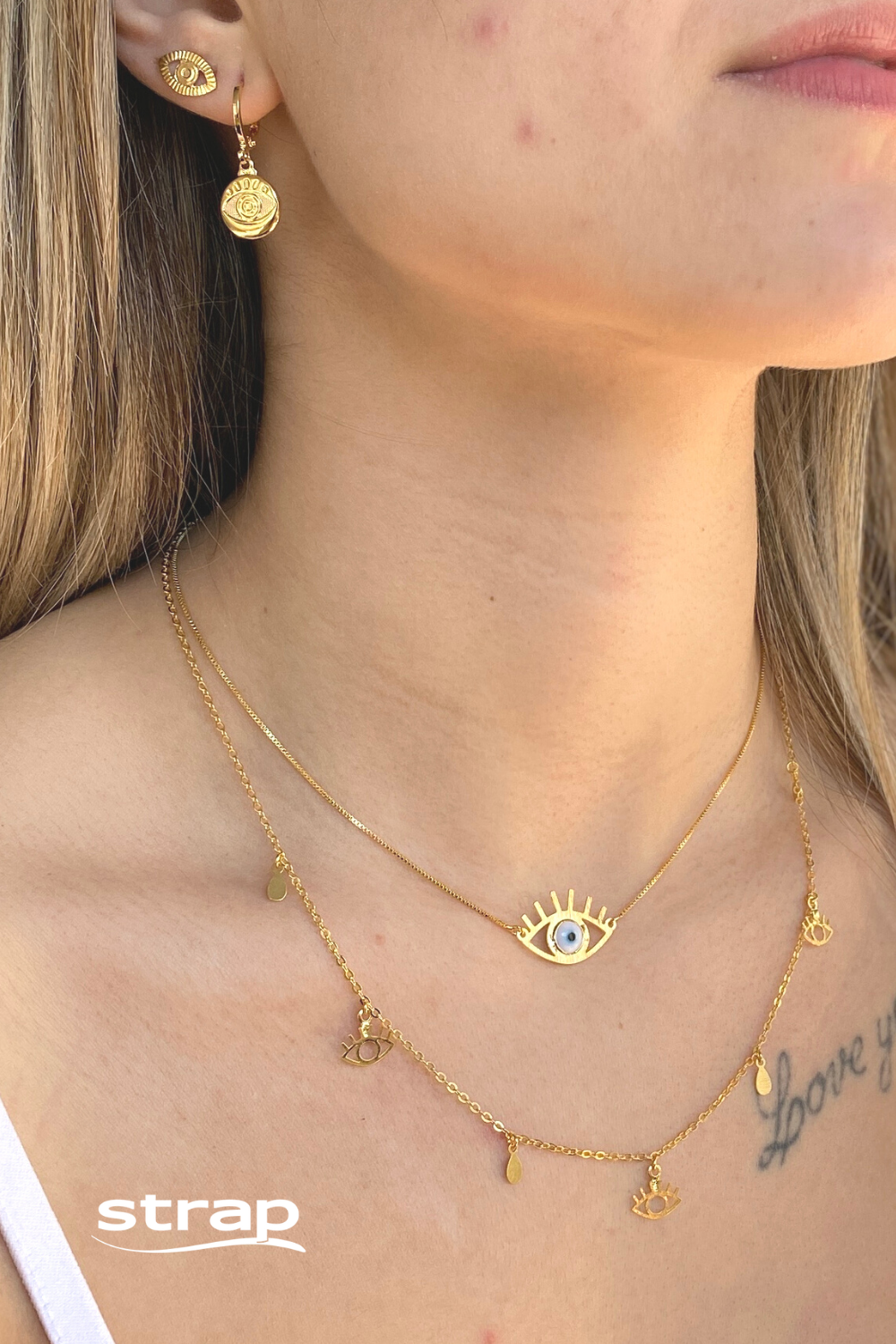COLAR OLHO GREGO AZUL FOLHEADO A OURO 18K