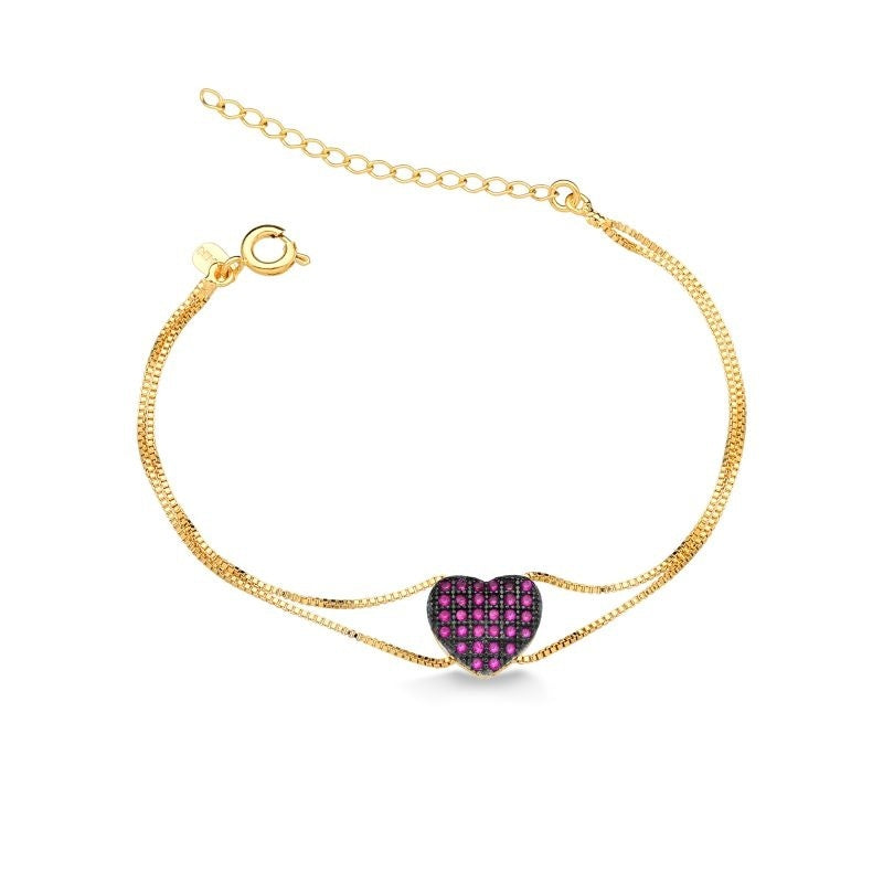 PULSEIRA COM CORAÇÃO CRAVEJADO DE ZIRCÔNIAS ROSA FOLHEADA A OURO 18K