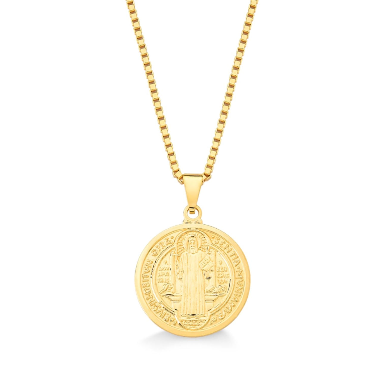COLAR MEDALHA DE SÃO BENTO GRANDE E CORRENTE VENEZIANA FOLHEADO A OURO 18K