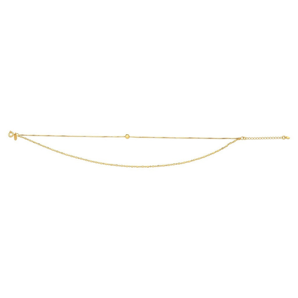 TORNOZELEIRA DUPLA COM BOLINHA FOLHEADA A OURO 18K