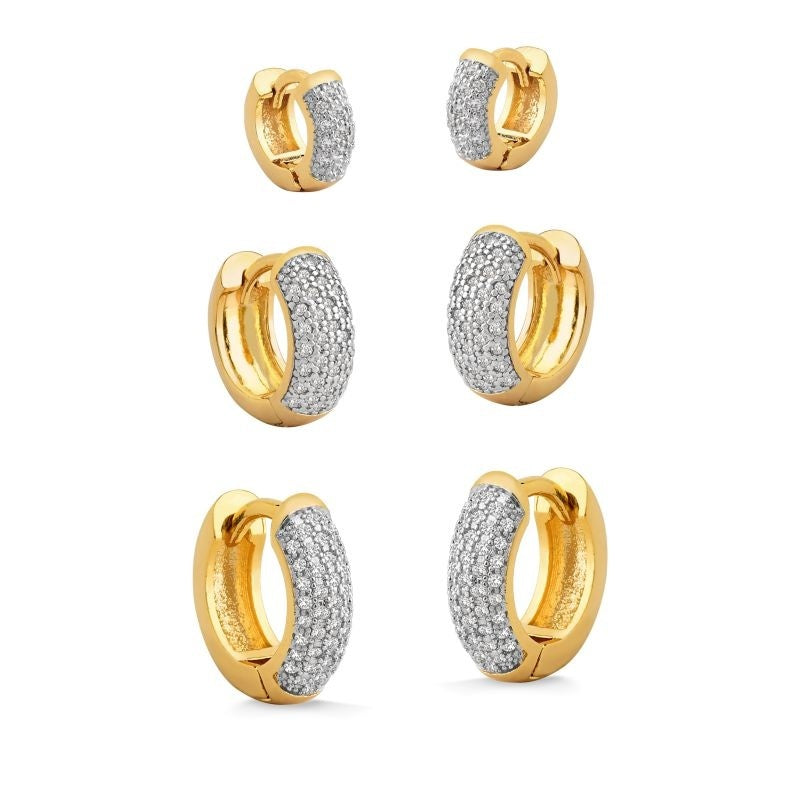 BRINCO TRIO DE ARGOLAS CRAVEJADAS ZIRCÔNIA CRISTAL FOLHEADO A OURO 18K
